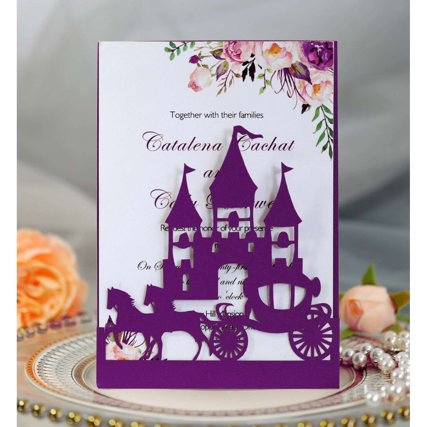 Wedding Card Design Laser Cut Castle And Carriage Invitation Iridescent  Card Greeting Card